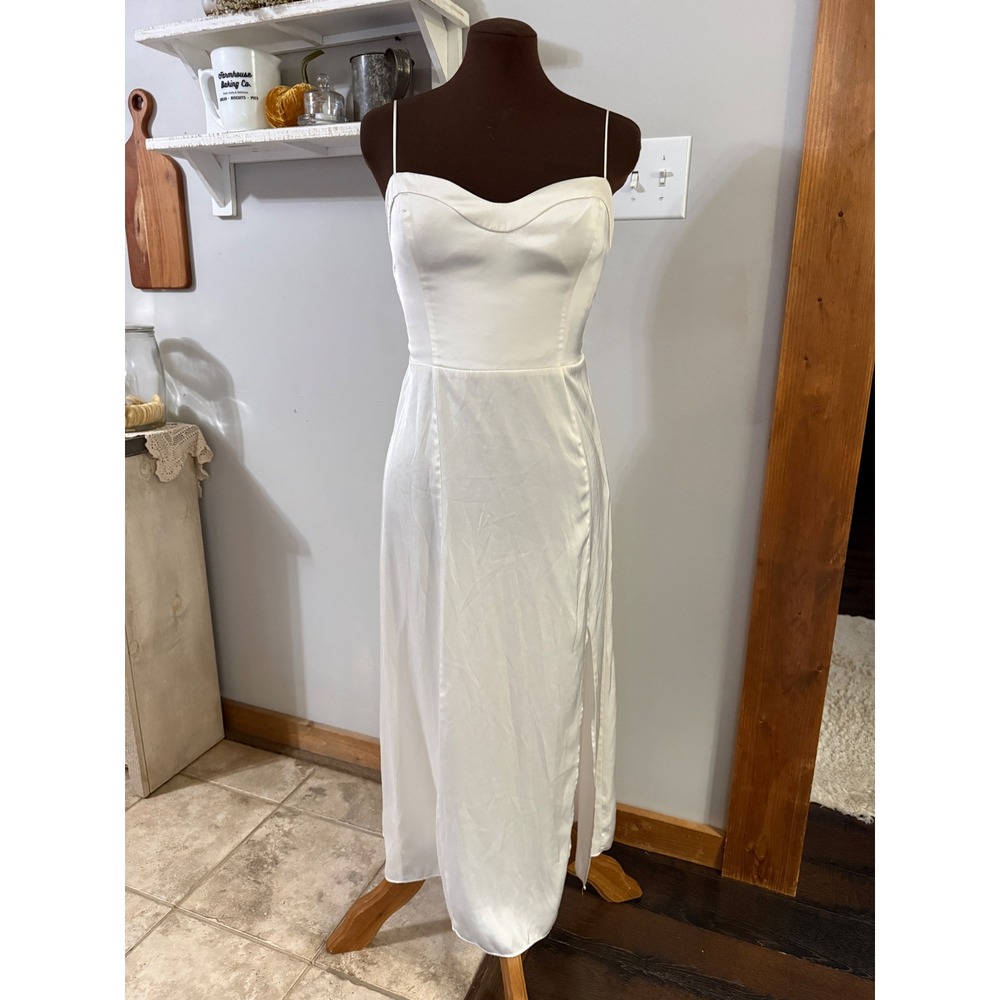 Abercrombie & Fitch Midi slip Dress MT White Sweetheart Satin Slit Smocked